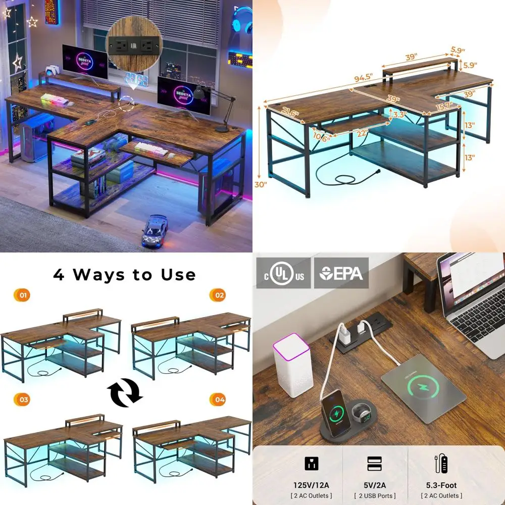 

Home Office Gaming Desk with Storage, LED Lights, Power Strip, USB Ports, Keyboard Tray and Monitor Stand