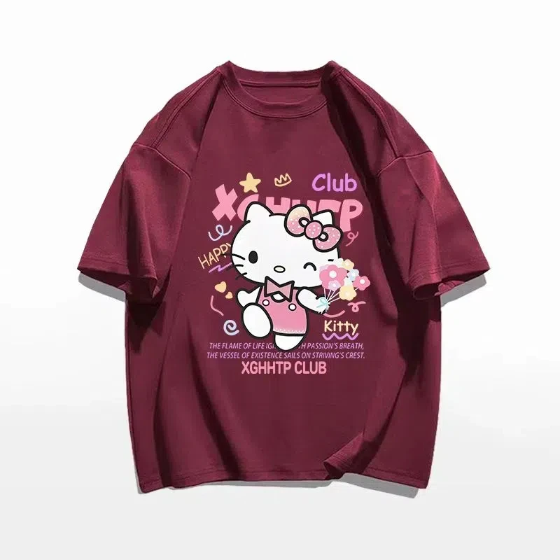 2024 Hello Kitty Sanrio T-shirt Kawaii Cartoon Print Cotton Tops O-neck Oversized Shirts Streetwear Splicing Top Women Clothing