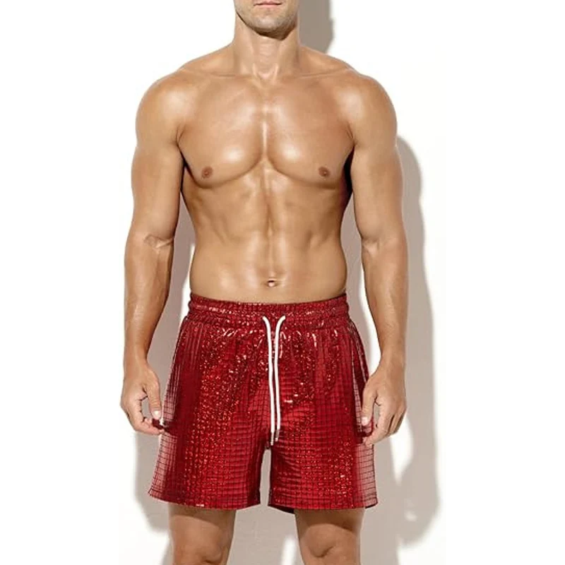 2024 Summer Casual Shorts Men Solid Color Plaid Sequin Short Pant Beach Seaside Vacation Vintage Glitter Shiny Shorts For Male