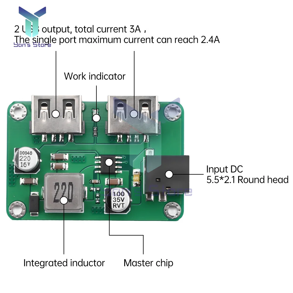 DC9V 12V 24V to 5V3A Step-down Mobile Phone Charging Board Dual USB Output Buck Charging Module with Short-circuit Protection