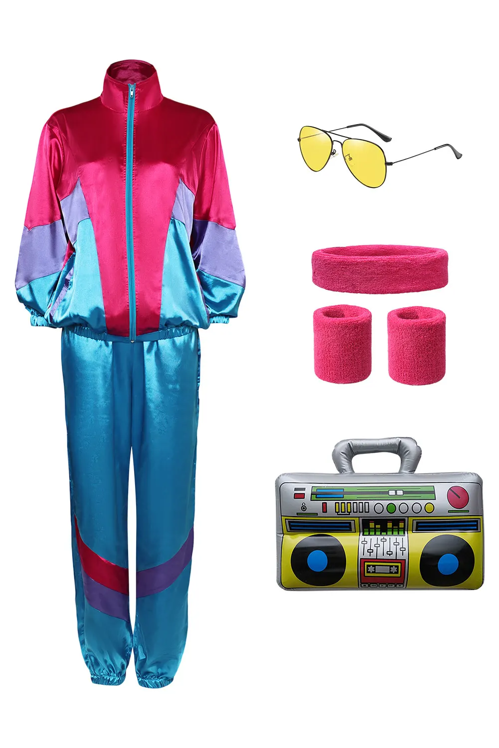 80S Mannen Vrouwen Rose En Blauw Gemengd 7 Stuk/set Retro Trainingspak Cosplay Casual Street Kostuum Bril Halloween Carnaval Pak