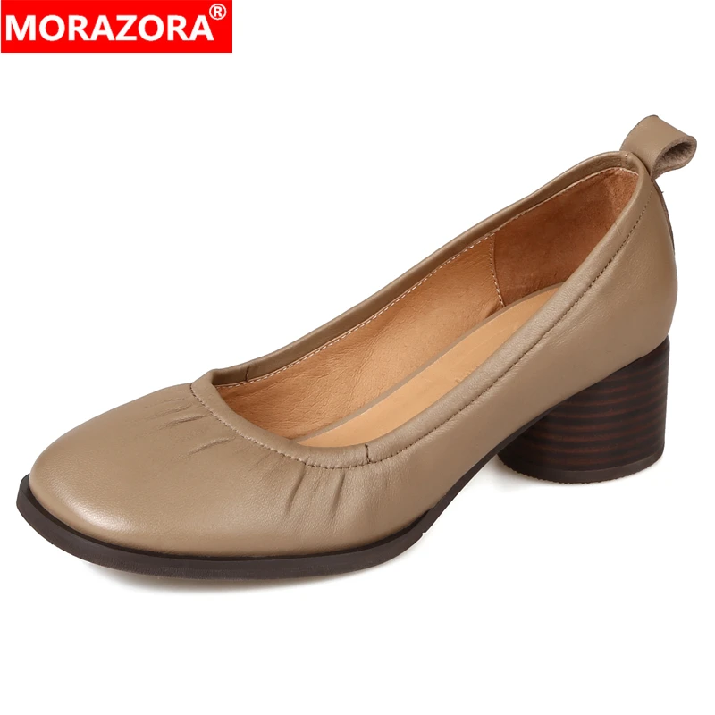 MORAZORA 2024 New Genuine Leather Shoes Woman Round High Heels Women Pumps Slip On Spring Summer Retro Ladies Office Dress Shoes