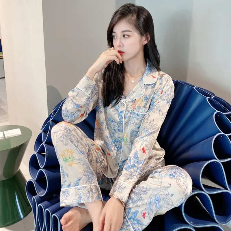 Monet Garden Style Sense Of Design Ice Silk Printed Comfort Pajama Women Household Clothes Suit Women\'s Outer Wear Pyjamas Set