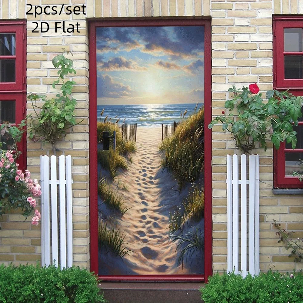 2pcs Beach Scenery Wall Stickers Sunshine Waves Beach Door Stickers Home Decoration Stickers Self Adhesive Removable Living Room