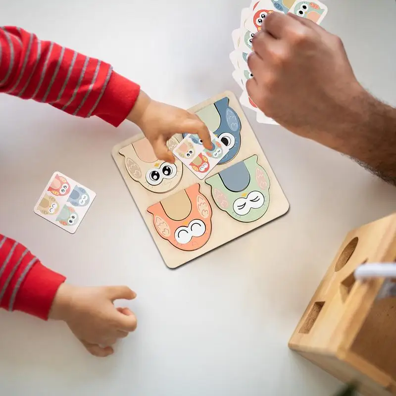 Kinderen Houten Puzzels Uil Thema Gezicht Veranderende Puzzel Montessori Speelgoed Creatief Educatief Spel Met 10 Vraagkaarten