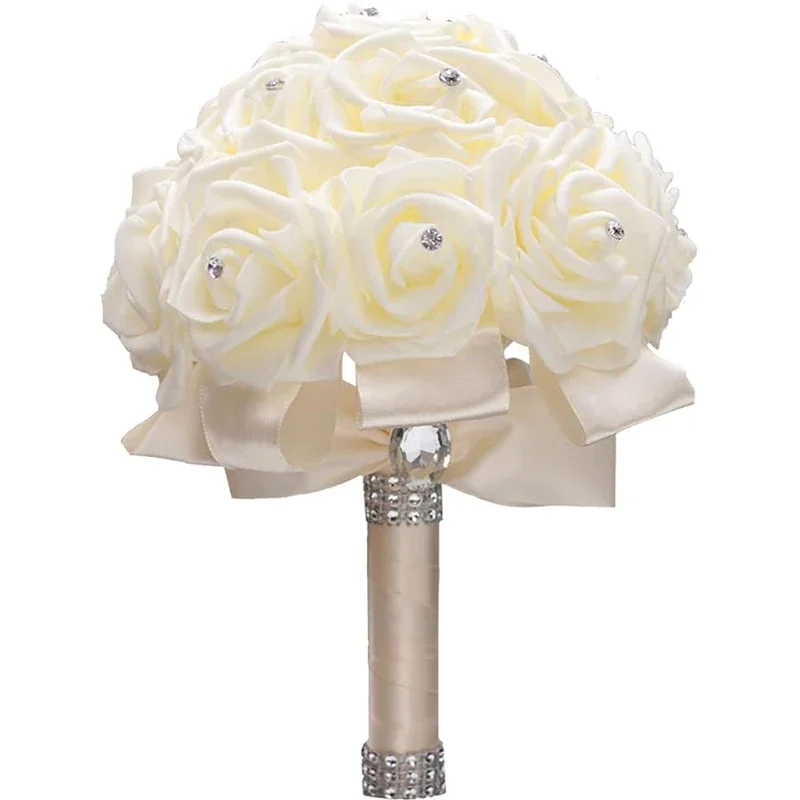 Bouquet de roses artificielles pour demoiselles d'honneur, blanc ivoire, crème, avec diamant, adapté aux fêtes de mariage et aux polarisation