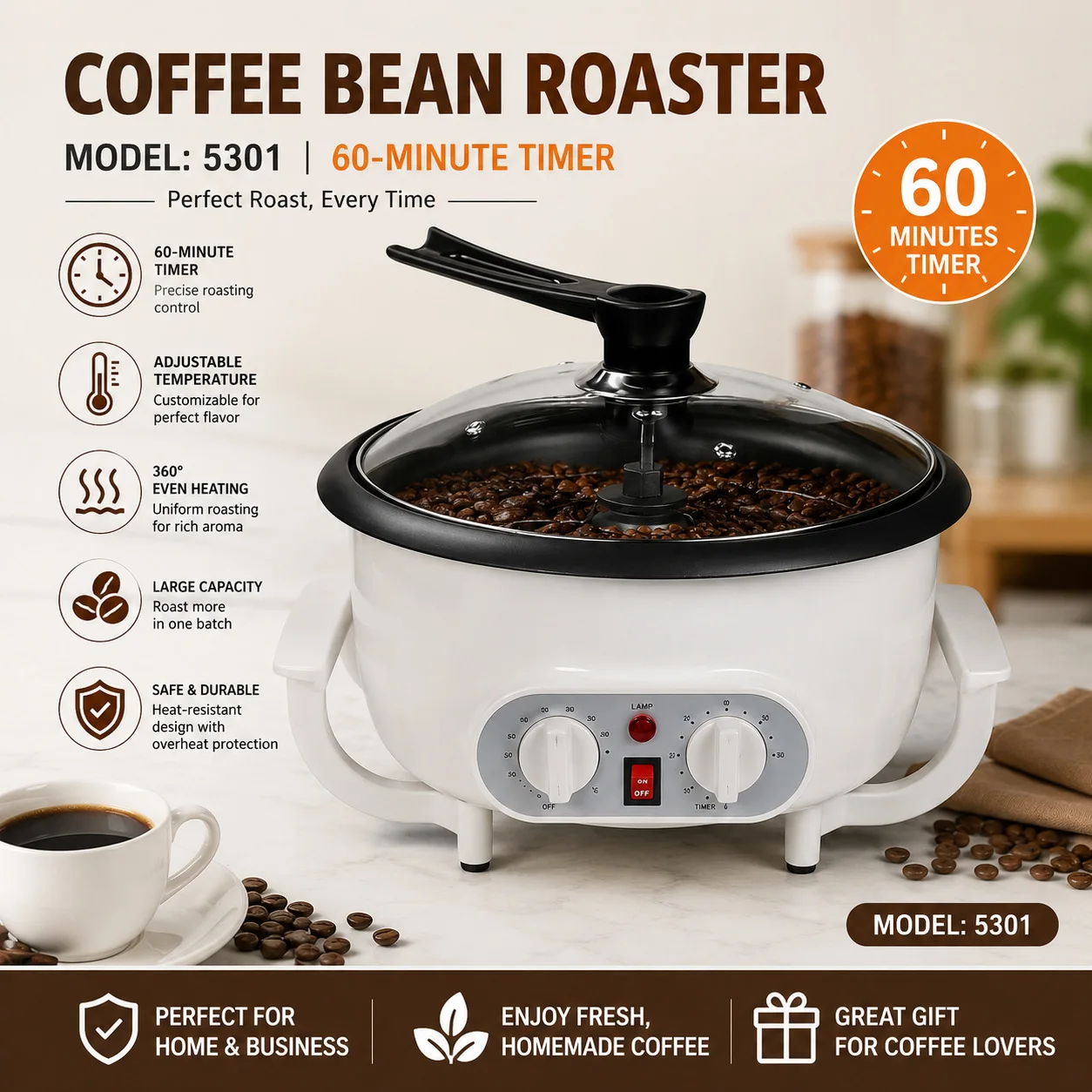Electric Coffee Bean Roaster with Temperature Control Peanut Beans Baking Stove Dryer Grain Roasting Machine for Home Use