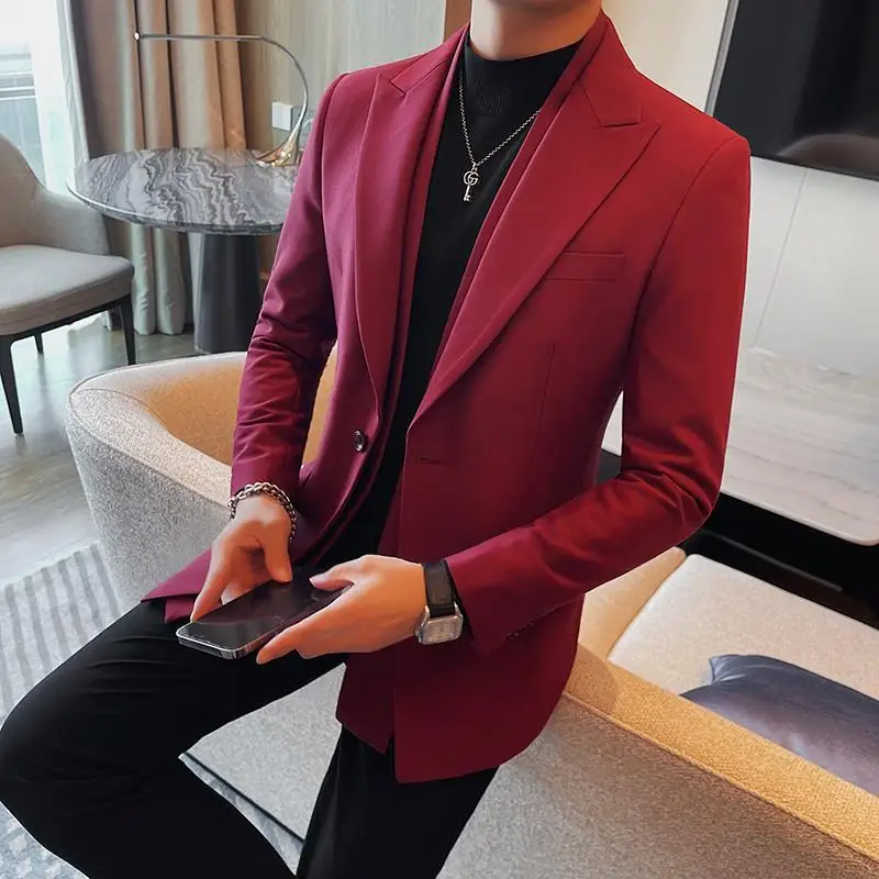 3-A57  Autumn and winter double-layer collar casual red suit jacket for men high-e fit business wedding men\'s small suit for men