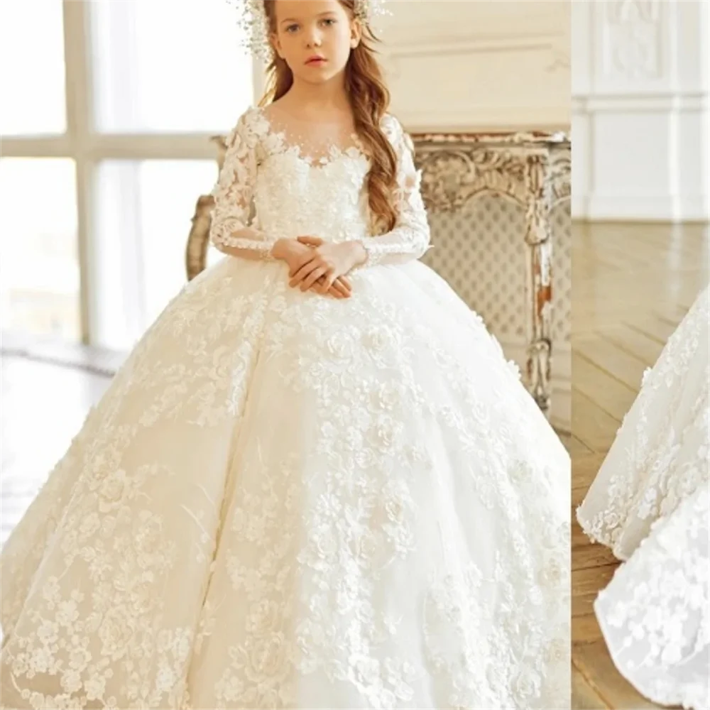 Flower Girl Dresses Luxurious Lace Appliques The First Communion Long Sleeve For Wedding Prom Party Pageant Gowns