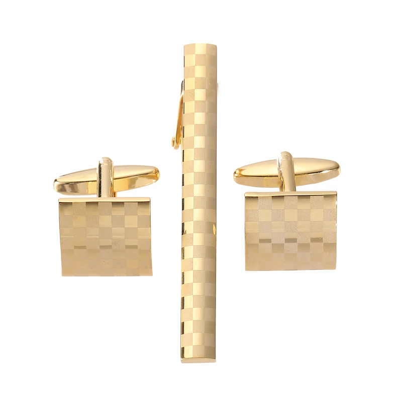 High quality checkered cufflinks with brand new brass material design fashionable men's wedding gift laser metal tie clip