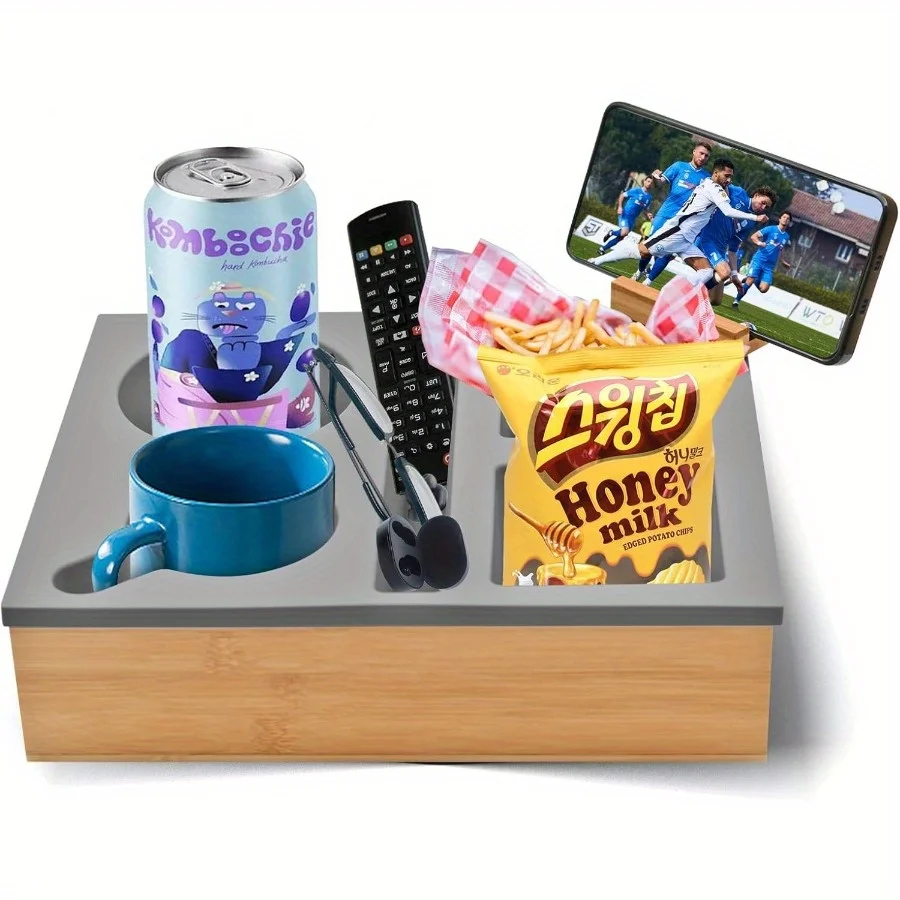 1Pc TV Watching Snack Tray with Couch Cup Holder Sturdy Bamboo Bottom Anti Spill Washable Silicone Liner Remote Holder