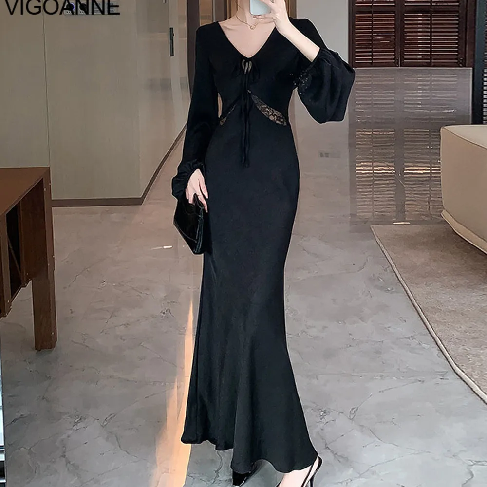 VigoAnne 2025 Woman Lace Patchwork Hollow Dress Spring Autumn Long Sleeve Korean Dresses Lady Evening Party Tight Long Dress