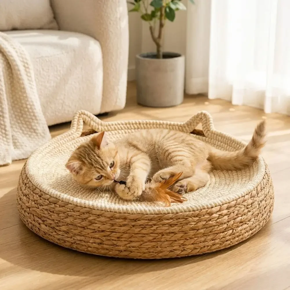 HLH Wear-Resistant Large Woven Cat Bed Round Cotton Rope Pet Sofa Bed Stable Structure Anti-slip Cat Scratching Board Play Exerc