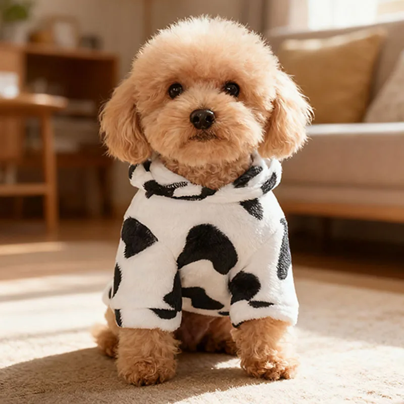 Inverno flanela vaca impressão hoodie cão roupas para animais de estimação pequeno filhote de cachorro médio pelúcia macio grosso bonito moda traje animais de estimação produtos S-XXL