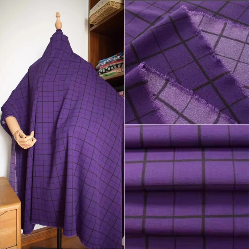 Purple Check Printed Chiffon Fabric Non See Through Soft Spring Summer Dress Handmade Sewing DIY Home Craft Material Decoration