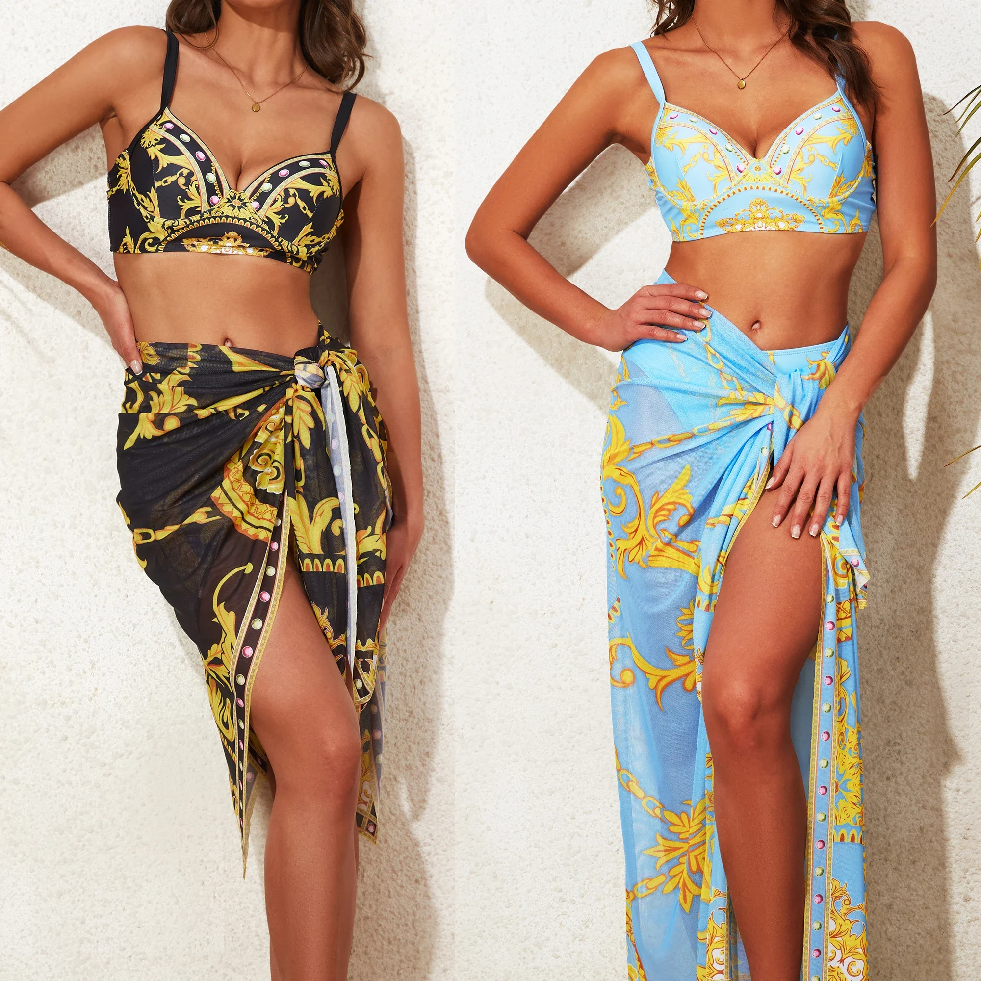

New sexy positioning printed split swimsuit mesh set