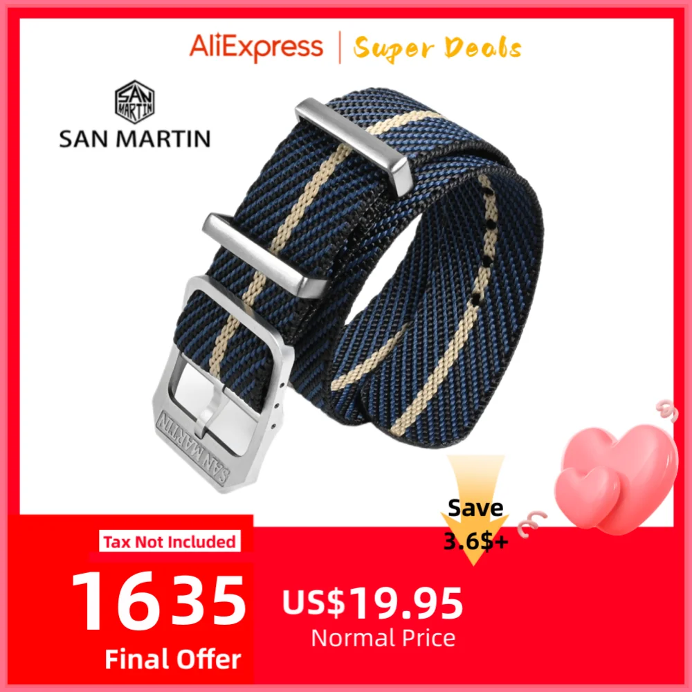 

San Martin Woven Nylon Strap Retro Watchband 20mm Military Paratrooper Watch Band With Pin Buckle Correa Reloj BD0006