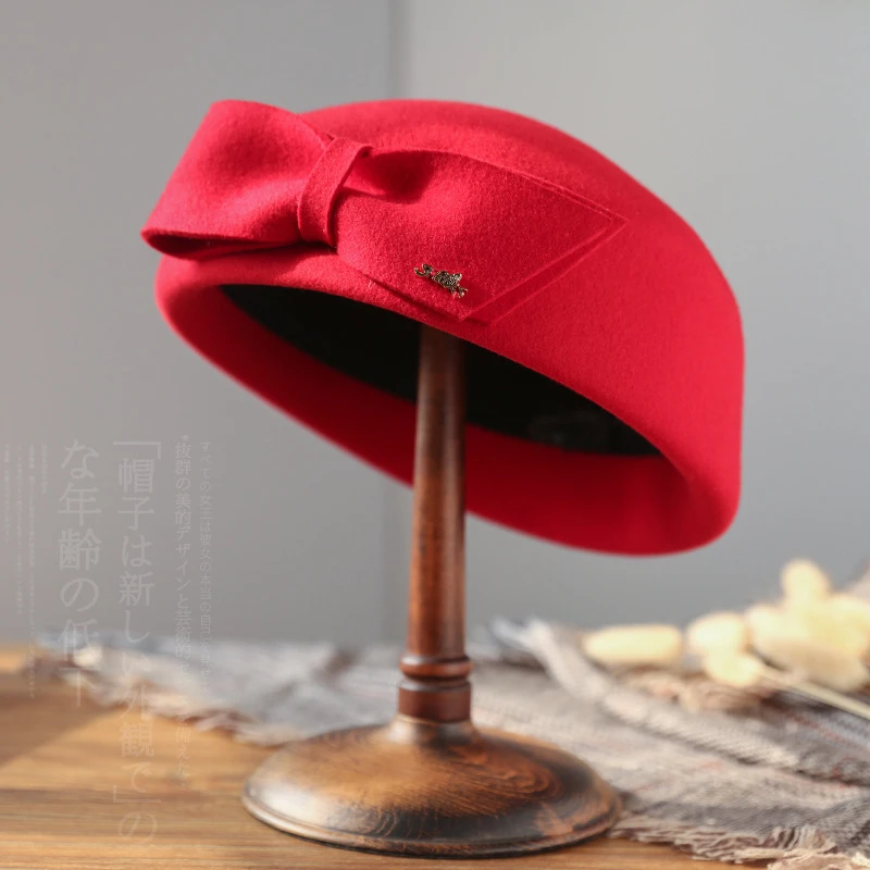 Bowknot 100%Wool Cashmere Hat Bride Fashion Winter Warm Photography Cap Headwear Decoration Wedding Party