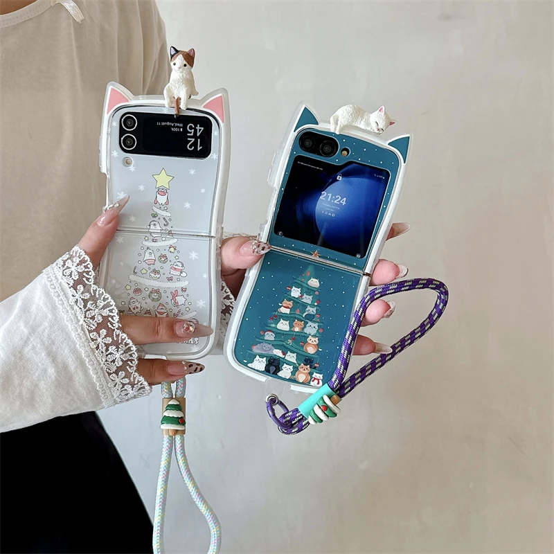 Cute Christmas Tree Cat Phone Case For Samsung Galaxy Z Flip 6 5 4 3 Flip5 Flip4 Flip6 5G Cover with Hand Strap Silicone Cases