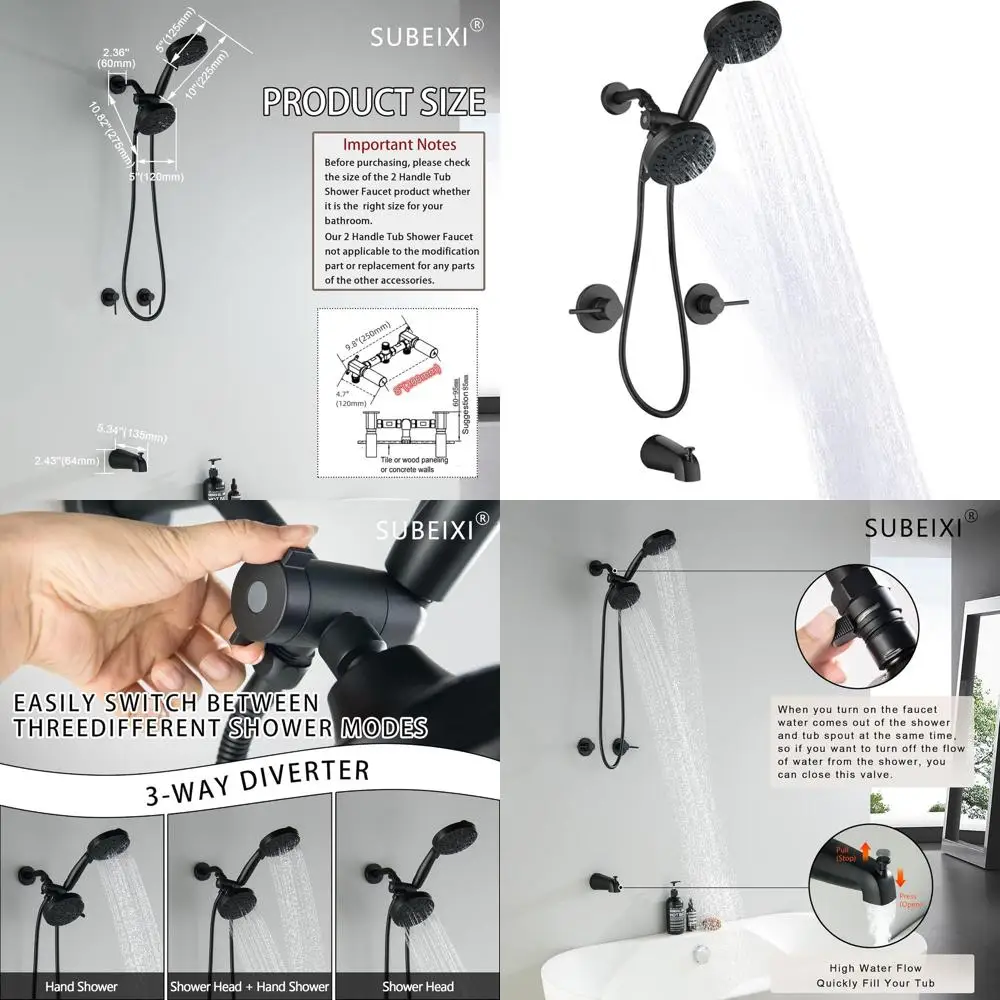 Matte Black Dual Handle Shower Set with Tub Spout and Wall-Mounted Bath Fixture