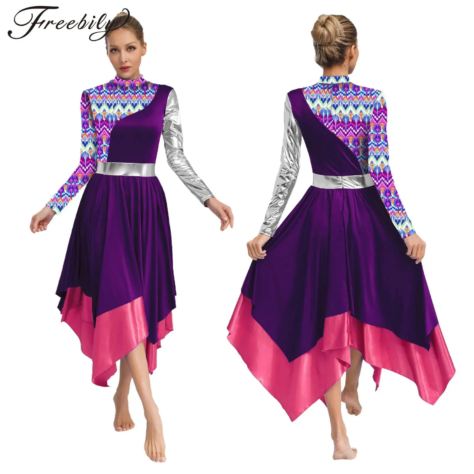 

Women Lyrical Dancewear Cosplay Dancer Costume Stylish Print Church Praise Liturgical Dance Costumes Irregular Worship Dresses
