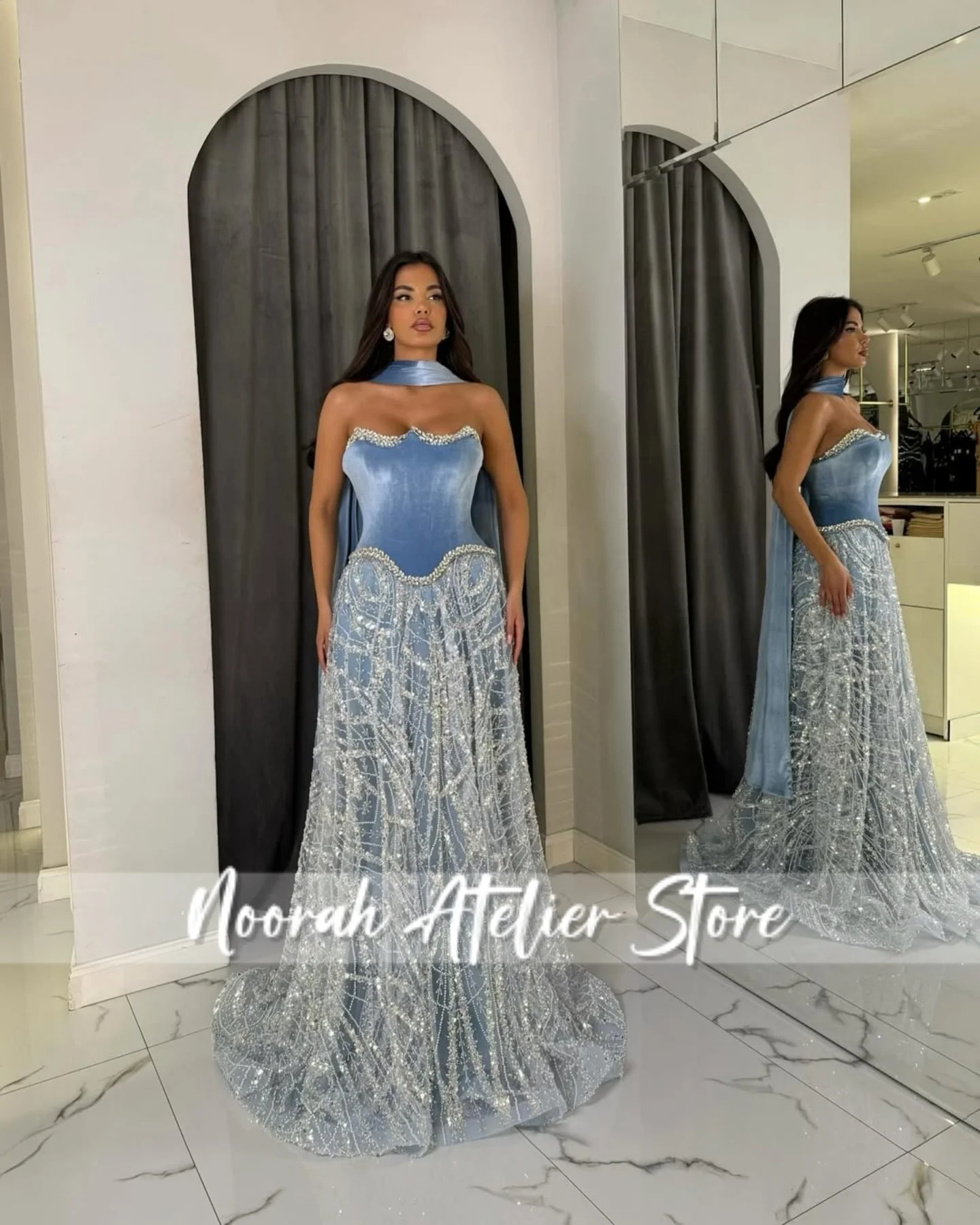 ใหม่Elegant Blue Beaded Straplessซาอุดีอาระเบียชุดราตรีหรูหรา 2025 ผ้าพันคอชุดแต่งงาน...