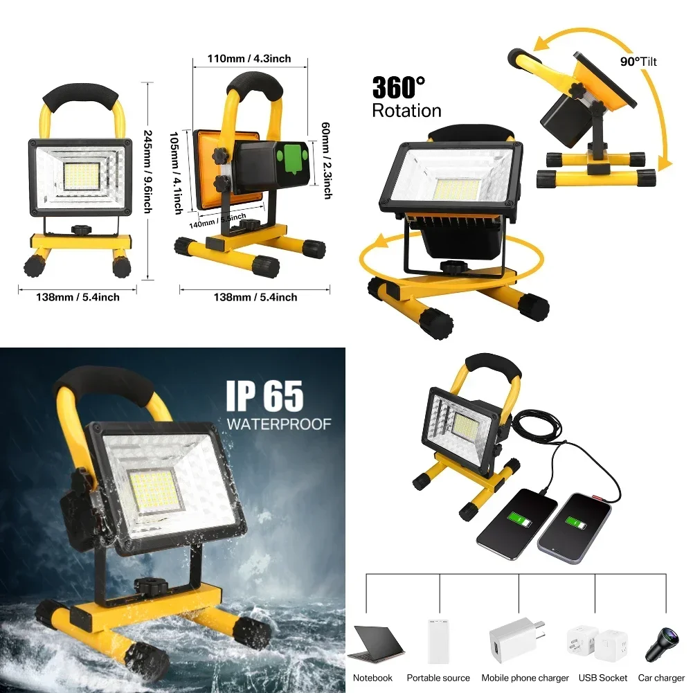 COB Rechargeable Portable LED Work Light 64LEDs 60W Waterproof LED Flood Lights for Camping Hiking Emergency Job Site Lighting