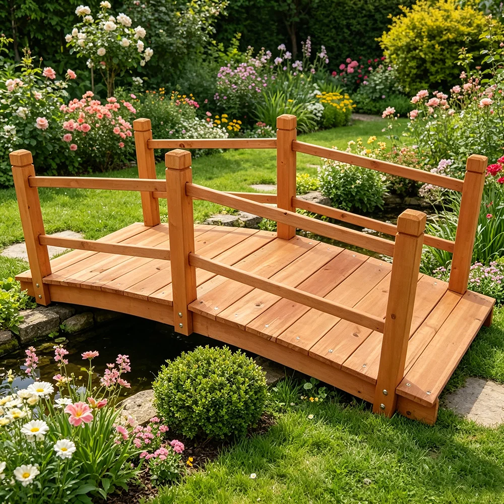 Pont de jardin en bois massif 140x60x56 cm, décoratif et résistant aux intempéries, assemblage facile, ambiance romantique