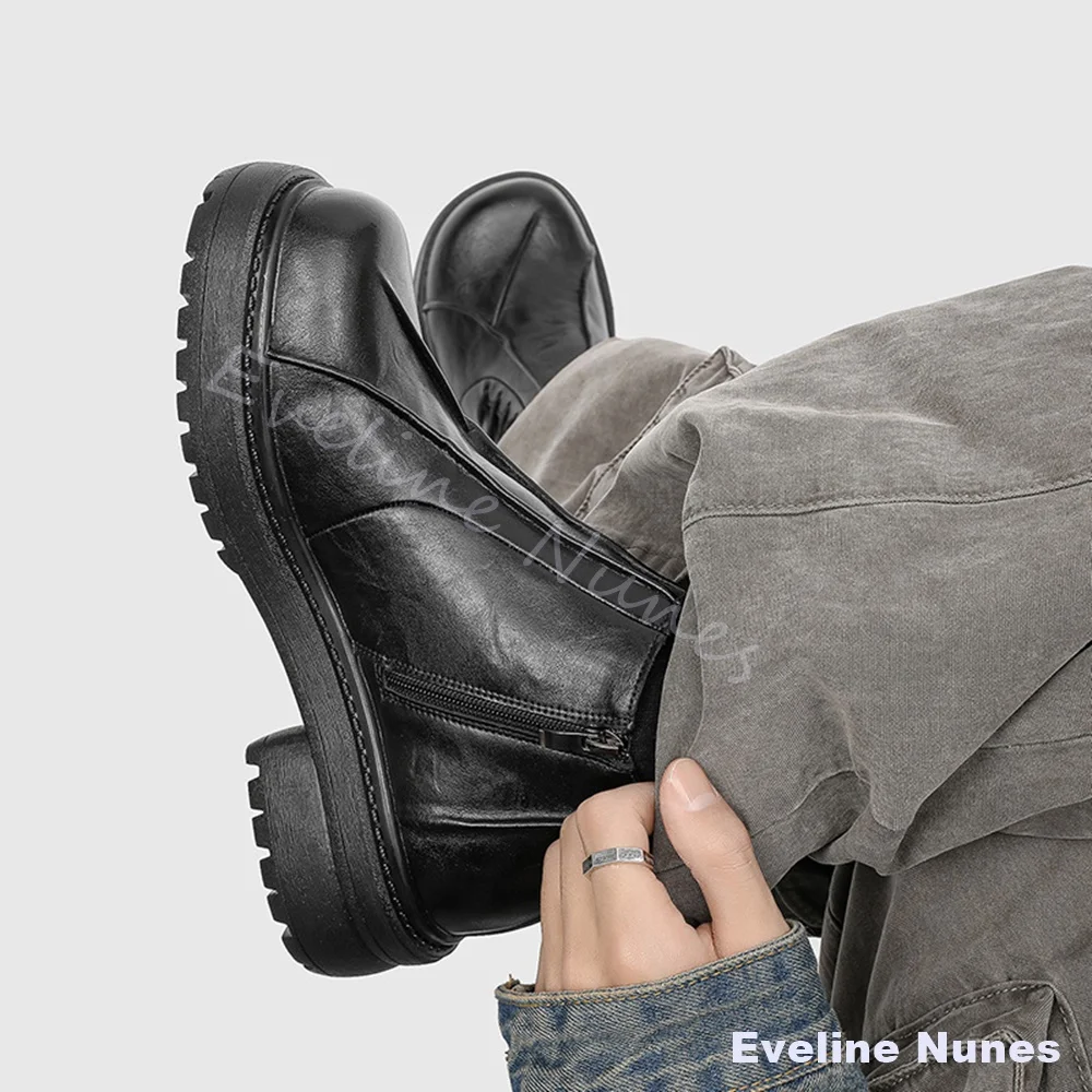 Height Increasing High Top Motorcycle Boots Stitching Round Toe Lace Up Anti Slip Chelsea Boots Dark Casual Fashion Short Boots