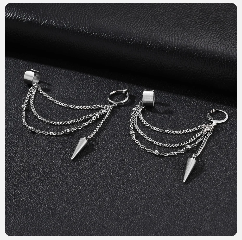 Vnox Edelstahl Mehrschichtige Ketten-Ohrklemme Creolen für Herren Punk Kegel-Spike Hängeohrringe Knorpel-Clip Schmuck Geschenk – Detail 6