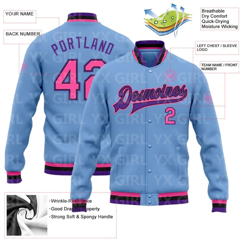 Custom Light Blue Pink Black-Purple Bomber Full-Snap Varsity Letterman Jacket 3D Printed Baseball Button Jacket