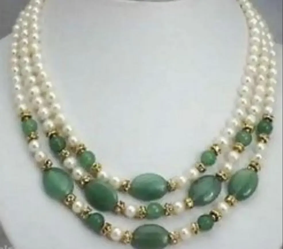 wholesale new charming 3 rows 7-8mm white pearl and green jades necklace