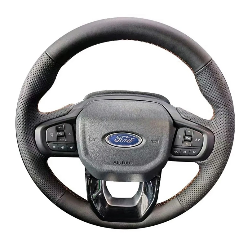 Perforated Leather Cover Hand Sewing Car Steering Wheel Cover Trim Black For Ford Ranger Everest 2022-2024