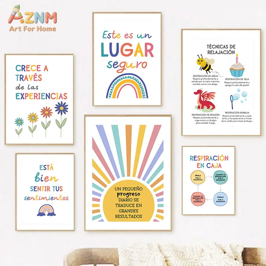 AZNM Spanish Growth Mindset Quote Canvas Print Colorful Rainbow Emotion Chart Unframed Canvas Wall Art Classroom Kids Therapy Ro