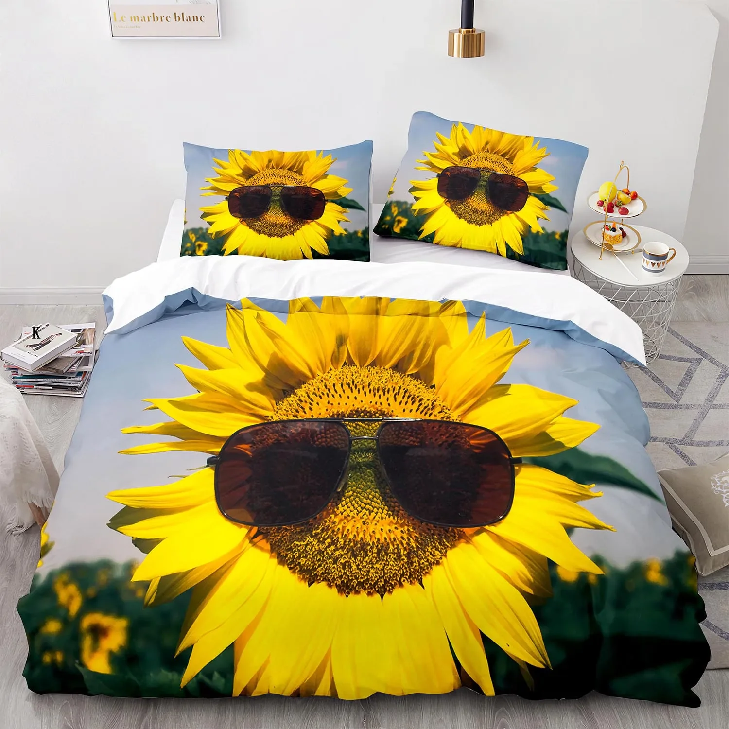 Yellow Sunflowers King Queen Duvet Cover Beautiful Floral Bedding Set for Kids Girls Women Girly Lovely Flowers Soft Quilt Cover