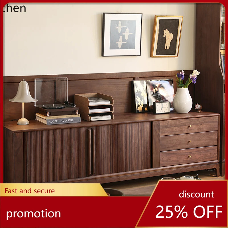 

HXL Black Walnut Solid Wood Living Room with Drawer Sliding Door Storage Cabinet Original Wood TV Stand