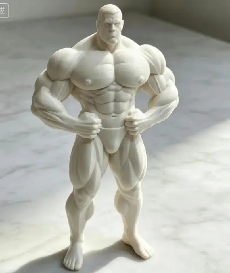3D Printed White Mold Of A Muscular And Strong Man With A Shaved Head, A Fitness Hero Desk Decoration, 20cm In Size