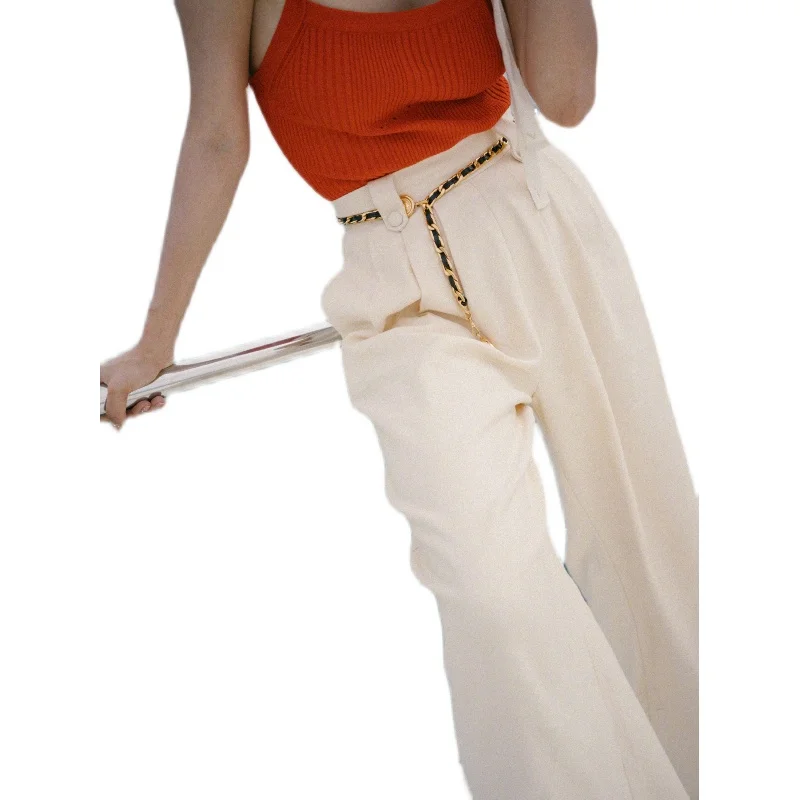 French Female Pleated Loose Wide Leg Pants High Waist Casual Slim Trousers for Women