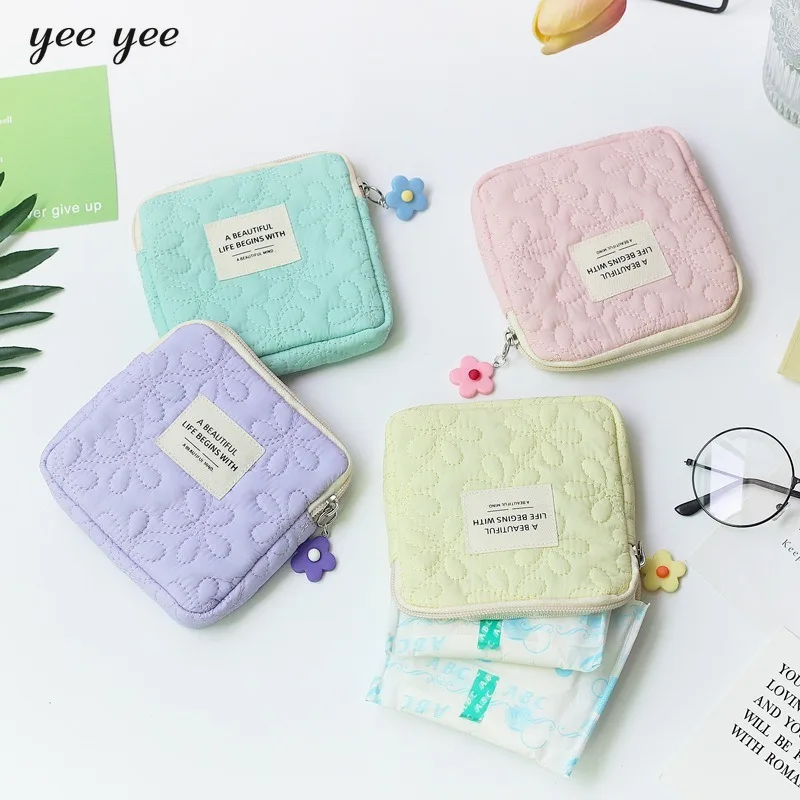 Women Portable Sanitary Napkin Tampon Storage Bag Cotton Travel Makeup Storage Bag Literary Zipper Coin Purse Sundries Storage