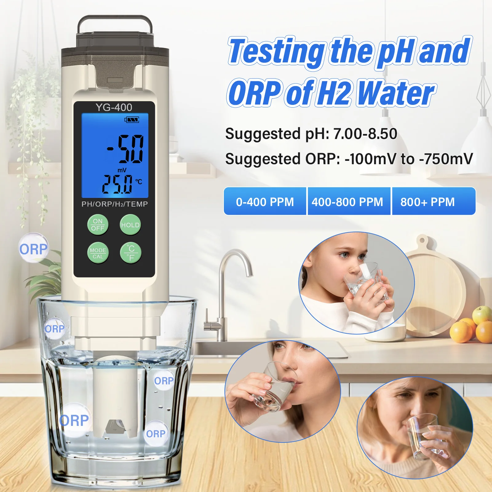 Yieryi 4 in 1 Misuratore digitale PH ORP Temp H2 ppm ppb Tester per acqua idrogeno disciolto per acquario Acqua potabile Piscina idroponica