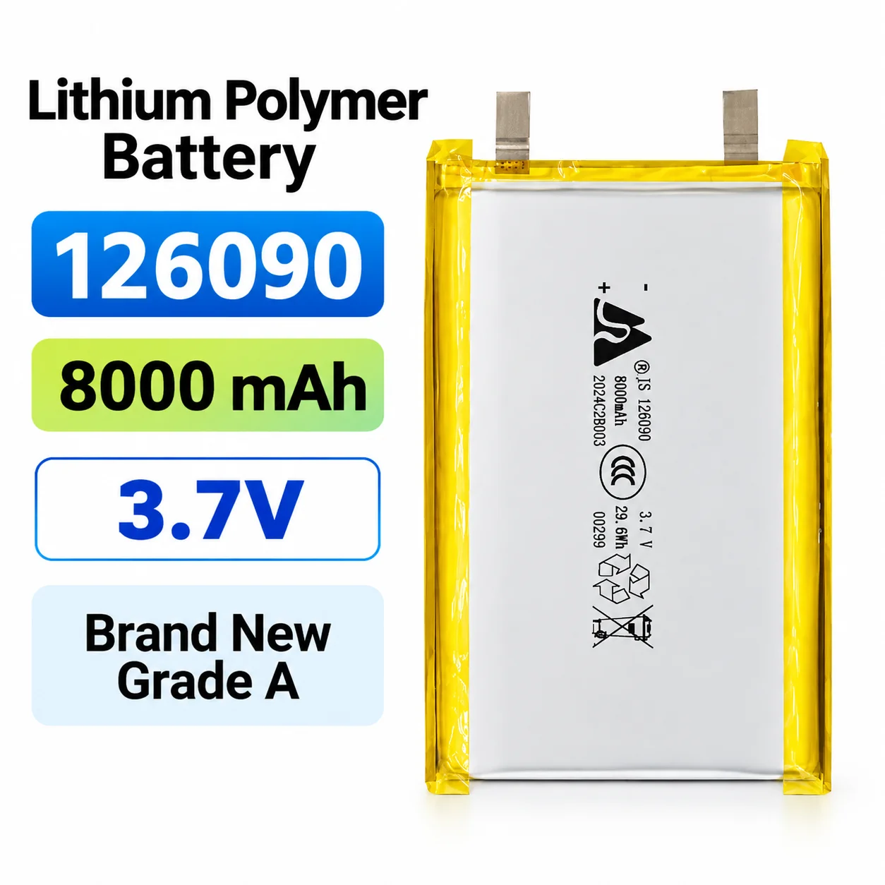 3.7V 126090 8000mAh High-Capacity Soft-Pack Lithium-Polymer Battery, Suitable for Power Banks and Cooling Vests