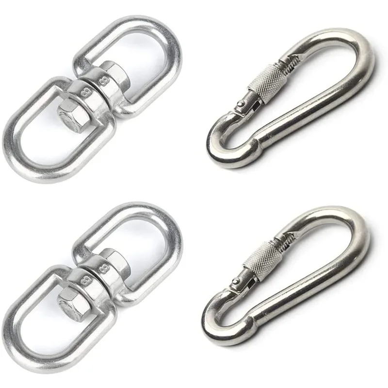 2Pcs M8 304-Stainless Steel Swivel Ring Double Ended Swivel Eye Hook + 2Pcs M8 Spring Hook, for Hanging Hammock, Hanging Swing