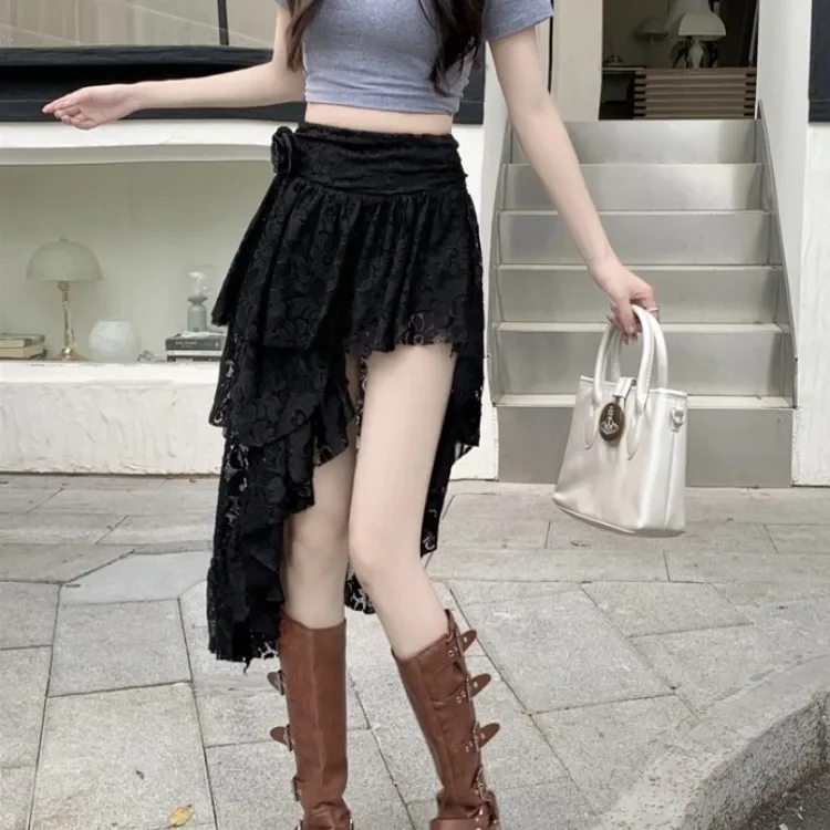 Rose Lace Flower Hollow Out Skirt for Women Irregular Mid-length All-match Skirts Summer New High Wasit Korean Fashion Clothing