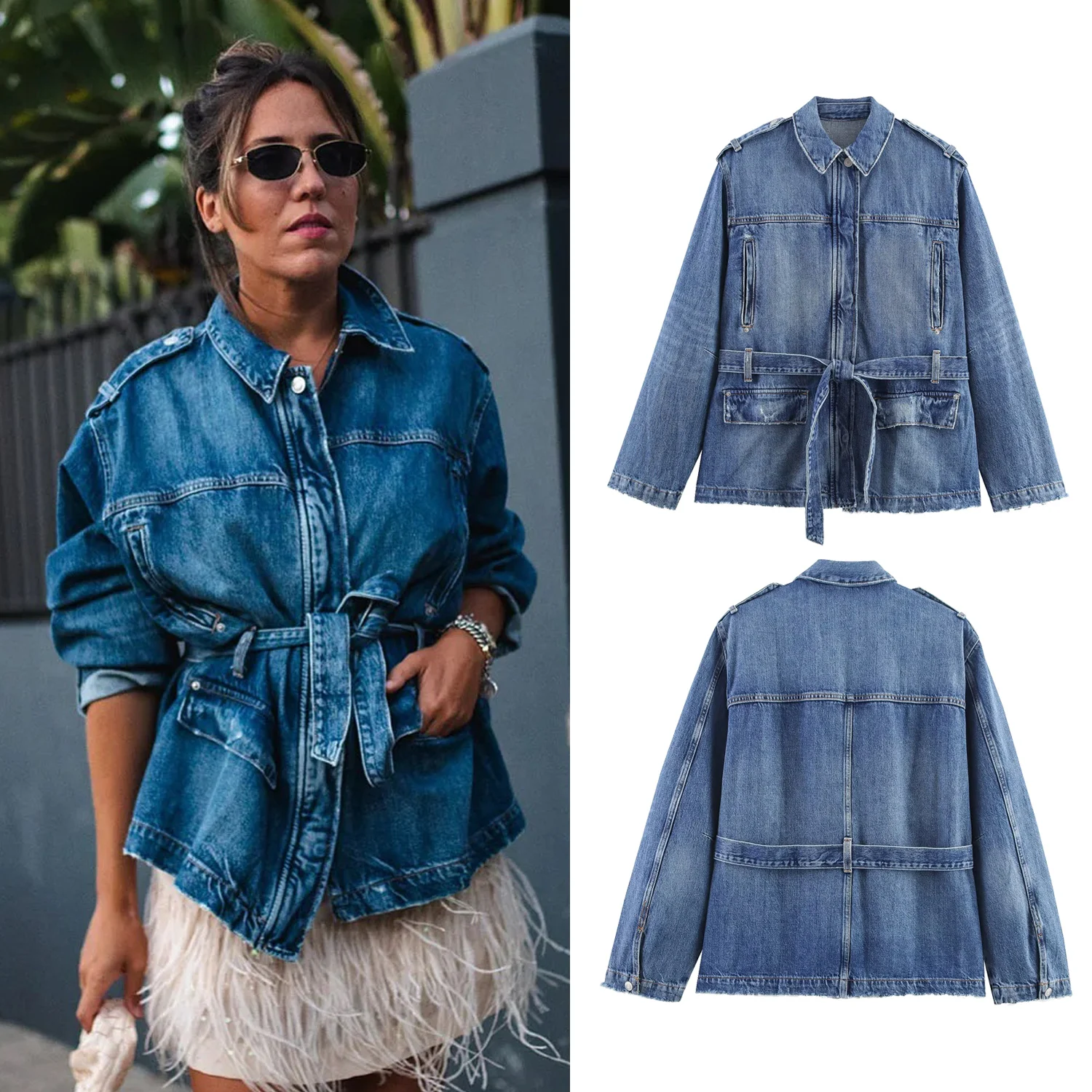 

Women's Denim Jacket With Belt Tunrn-Down Collar Ziper Decoration Spring Autumn New Casual Woman Coat Female Jackets Streetwear