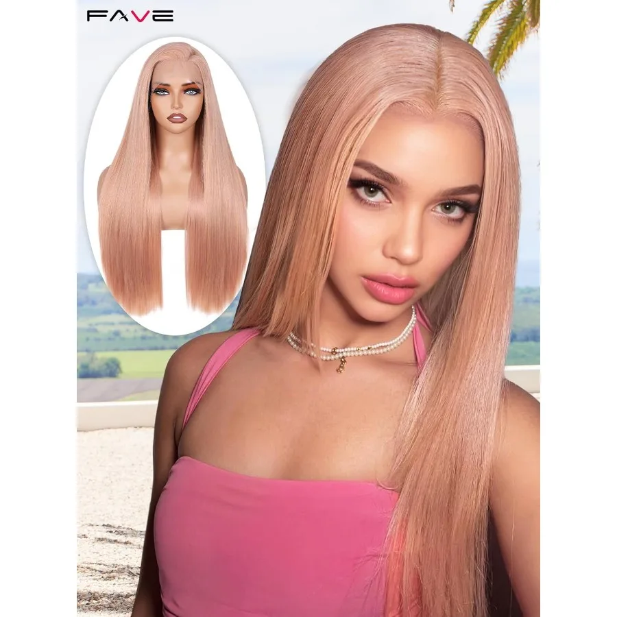 26 شعر مستعار طويل مستقيم وردي مع دانتيل أمامي شفاف عالي الدقة 13 × 4 للنساء باروكات صناعية بدون صمغ للاستخدام اليومي والحفلات بشكل طبيعي