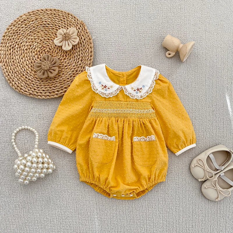 2026 New 0-24M Spring Toddler Baby Girl Yellow Romper Long Sleeved Cotton Embroidered Collar Baby Girl Jumpsuit Children Clothes