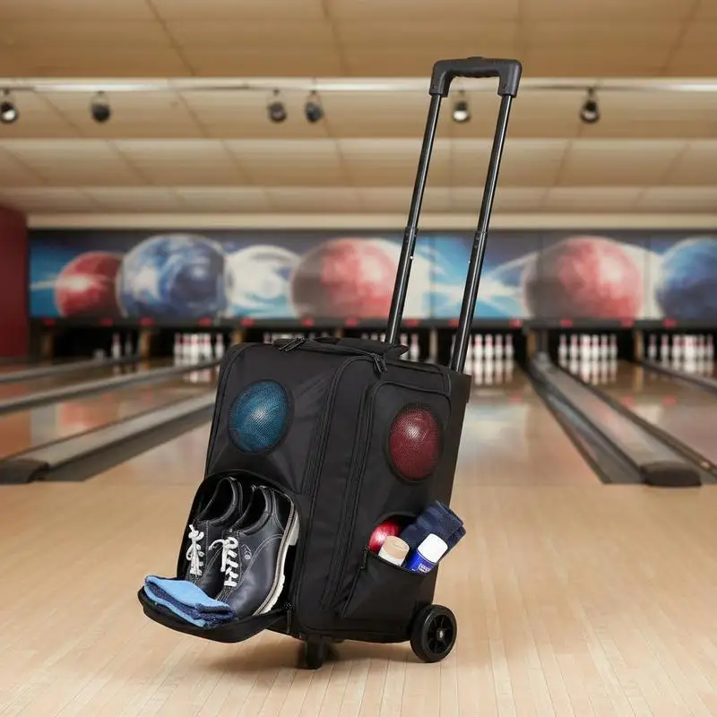 Dual Ball Rolling Carrier 31x12x17in For Bowling Alley Tournament Practice, Padded Compartment Shoe Pocket Retractable Handle Heavy Duty Wheels 600D Fabric 2-Ball Capacity Accessory Storage Adjustable Pull Bar