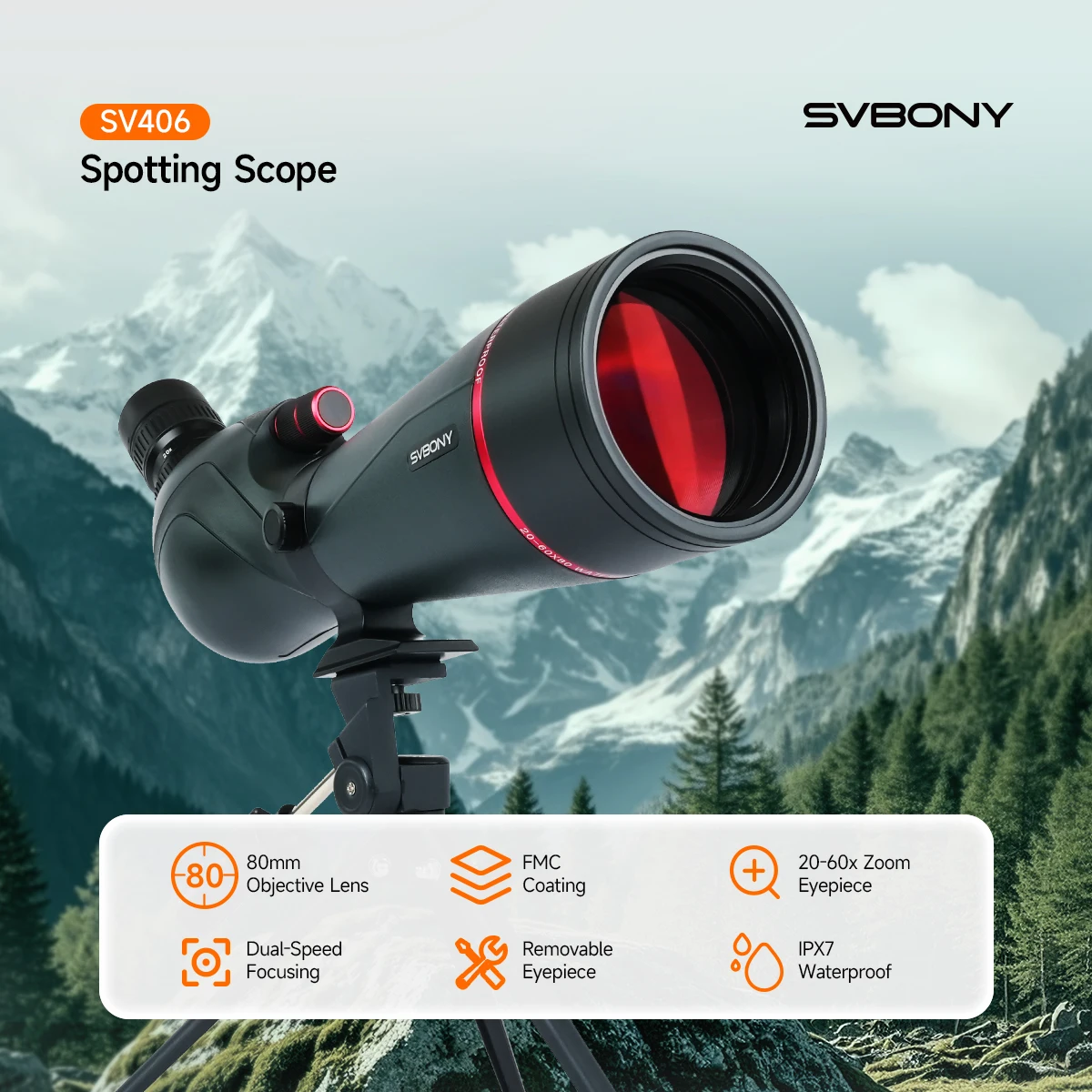 Svbony SV406/SV406P ED Spektiv 20‑60x80/25‑75x100/16‑48x65 Doppelfokus IPX7 Wasserdichtes Teleskop für Vogelbeobachtung und Bogenschießen – Detail 3