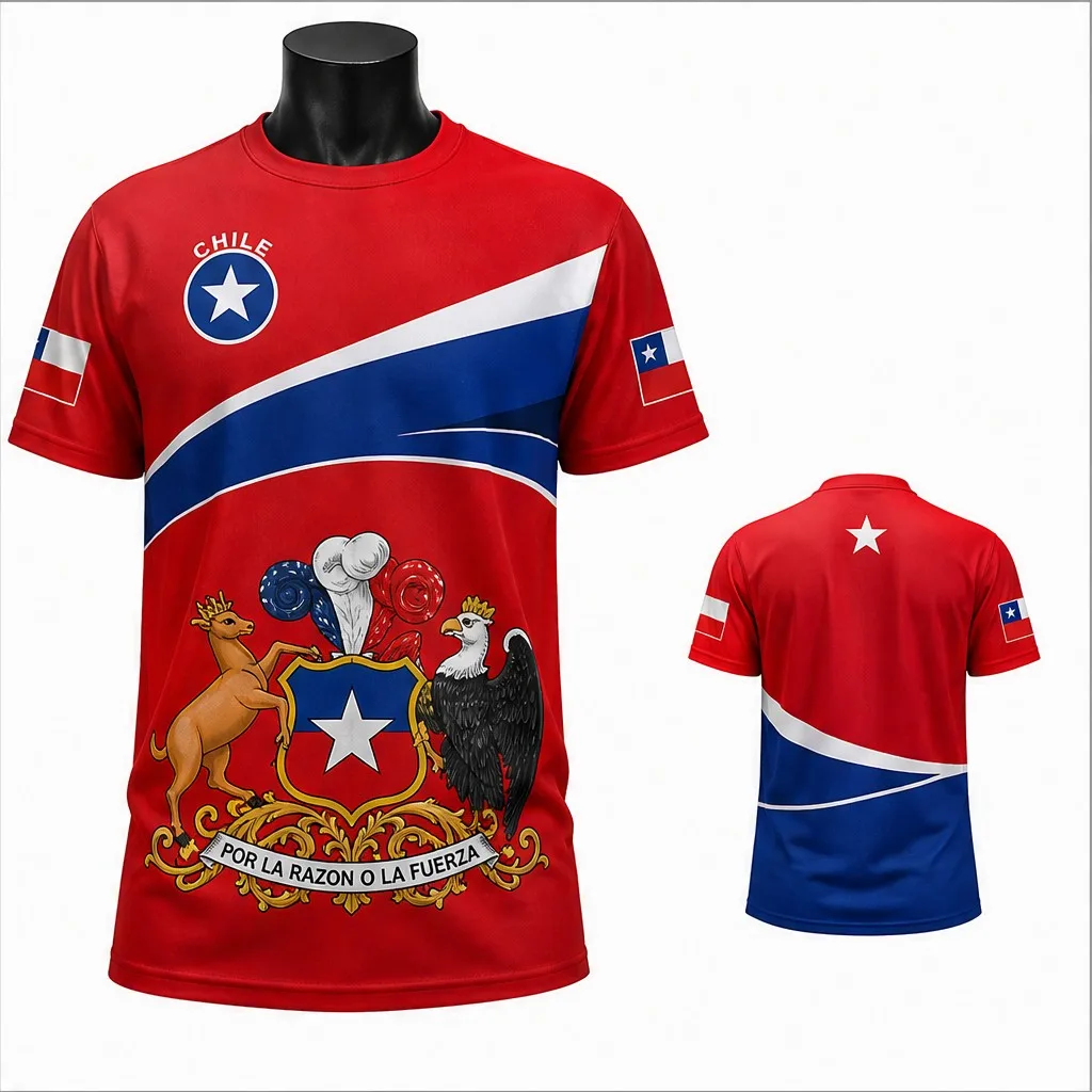 Mens Crewneck T Shirt Chile Shield Animal Graphic Short Sleeve Casual Flag Style Tee Red Blue Emblem Classic Top Sport Daily Top