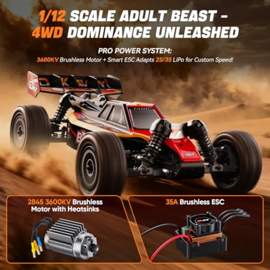 Remote control car for adults, brushless 1/12 off-road RC buggy, black and red, 42 MPH max speed with 3S 2200 mAh battery and 4